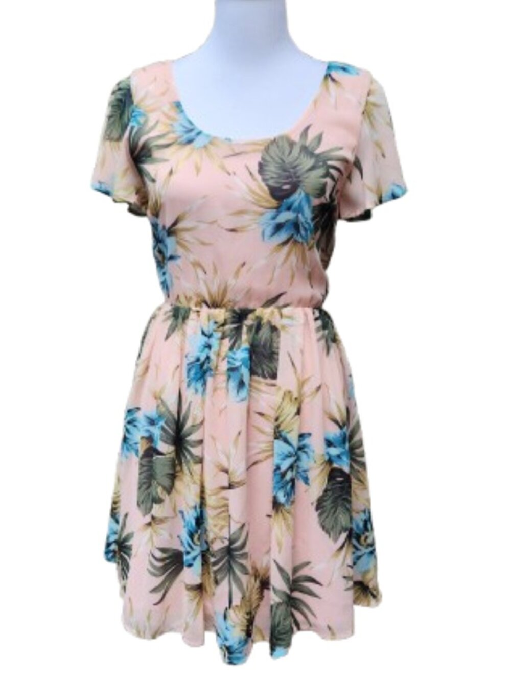 Just Me Pink Floral Mixed Sun Dress Flutter Sleeve Lace-Up Open Back